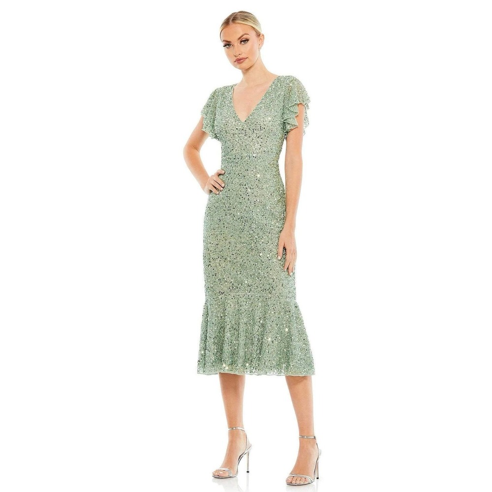 Mac‎ Duggal 10801 Sage Green Sequin Flutter Sleeve Midi Dress Sz 2 Mermaid Hem